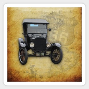 Antique Car on Old Route 66 on and Map Sticker